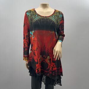 Calessa Top Women L Red Multicolor Tunic Mesh Stretch Artsy Baroque Maximalist